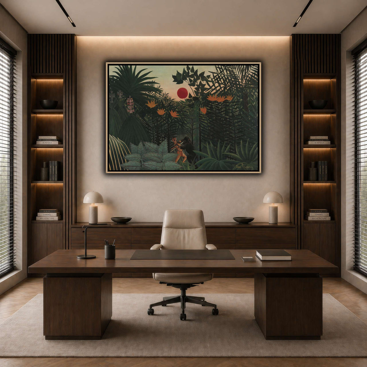 Tropical-Landscape-American-Indian-Struggling-with-a-Gorilla-1910_Henri-Rousseau dark neutral-office