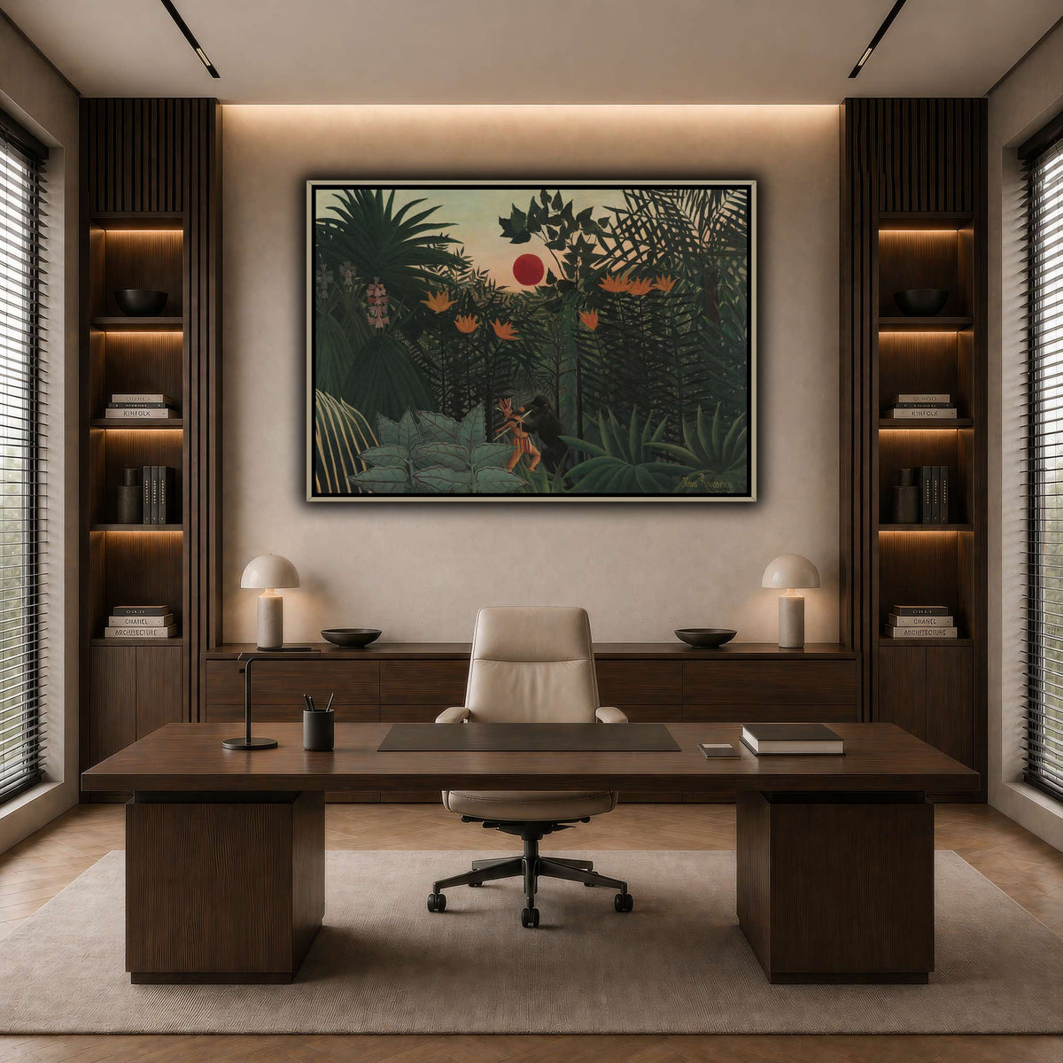 Tropical-Landscape-American-Indian-Struggling-with-a-Gorilla-1910_Henri-Rousseau dark neutral-office