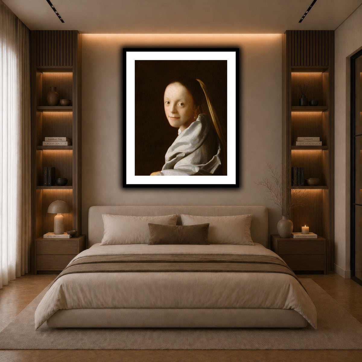 Vermeer-Portrait_of_a_Young_Woman dark neutral-bedroom