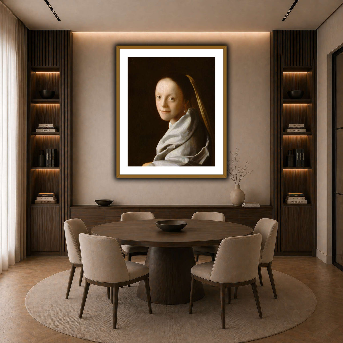 Vermeer-Portrait_of_a_Young_Woman dark neutral-dining room