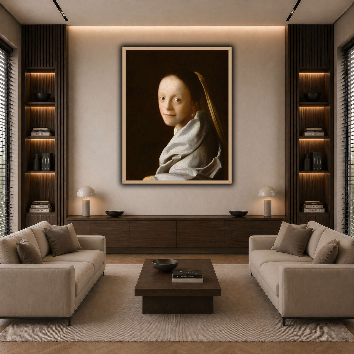 Vermeer-Portrait_of_a_Young_Woman dark neutral-living room