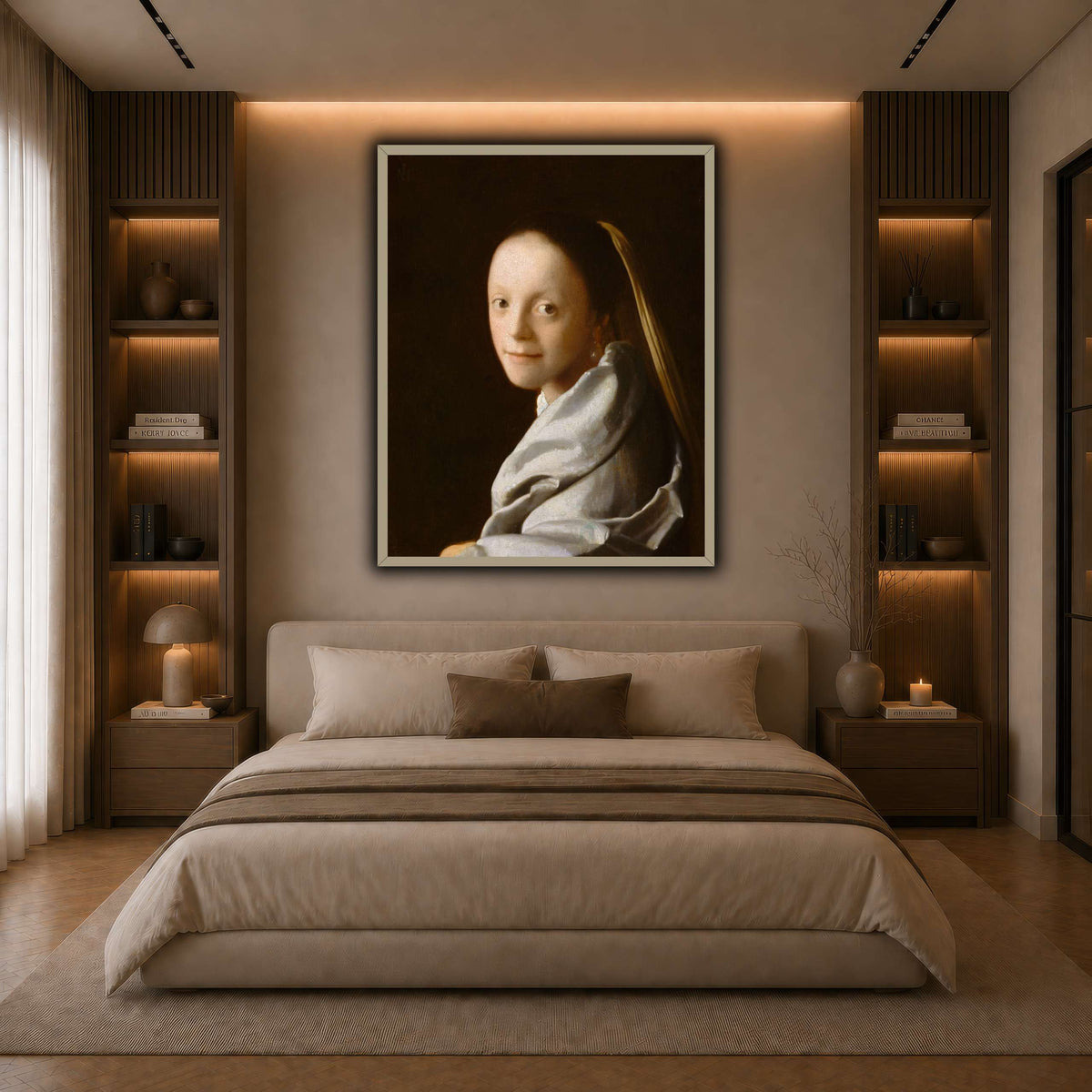 Vermeer-Portrait_of_a_Young_Woman dark neutral-bedroom