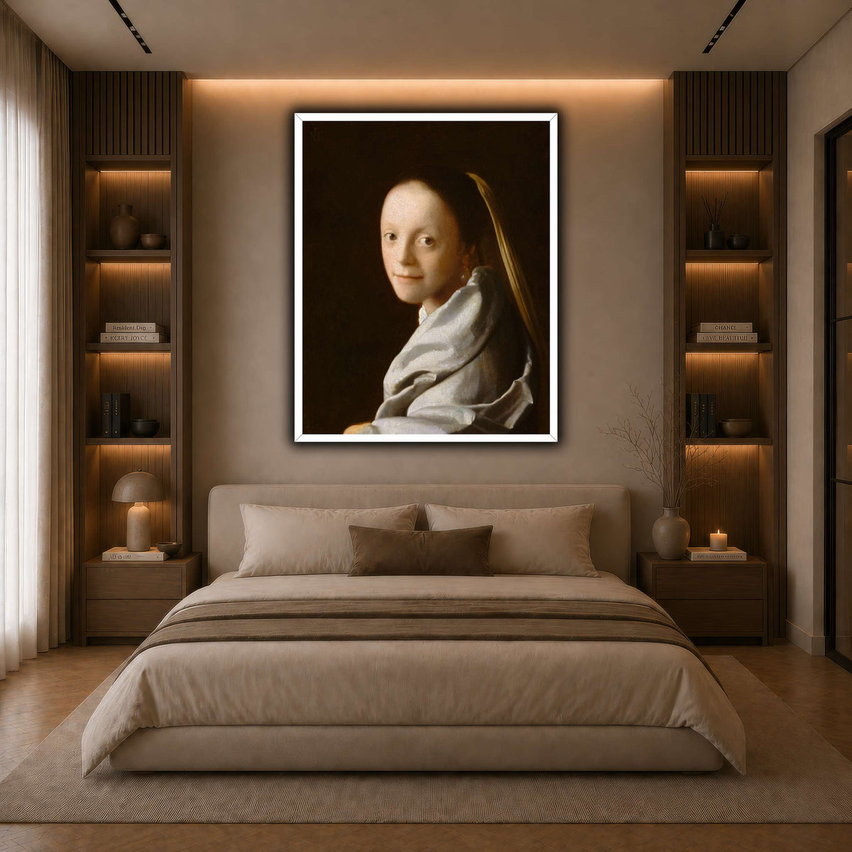 Vermeer-Portrait_of_a_Young_Woman dark neutral-bedroom