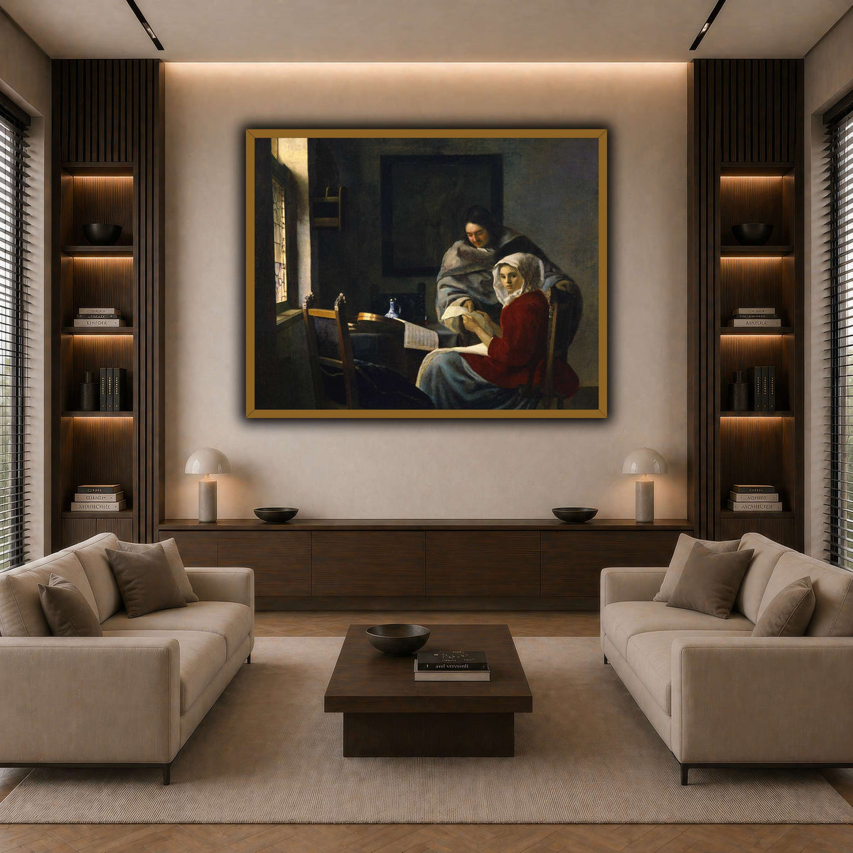 Vermeer_Girl_Interrupted_at_Her_Music dark neutral-living room