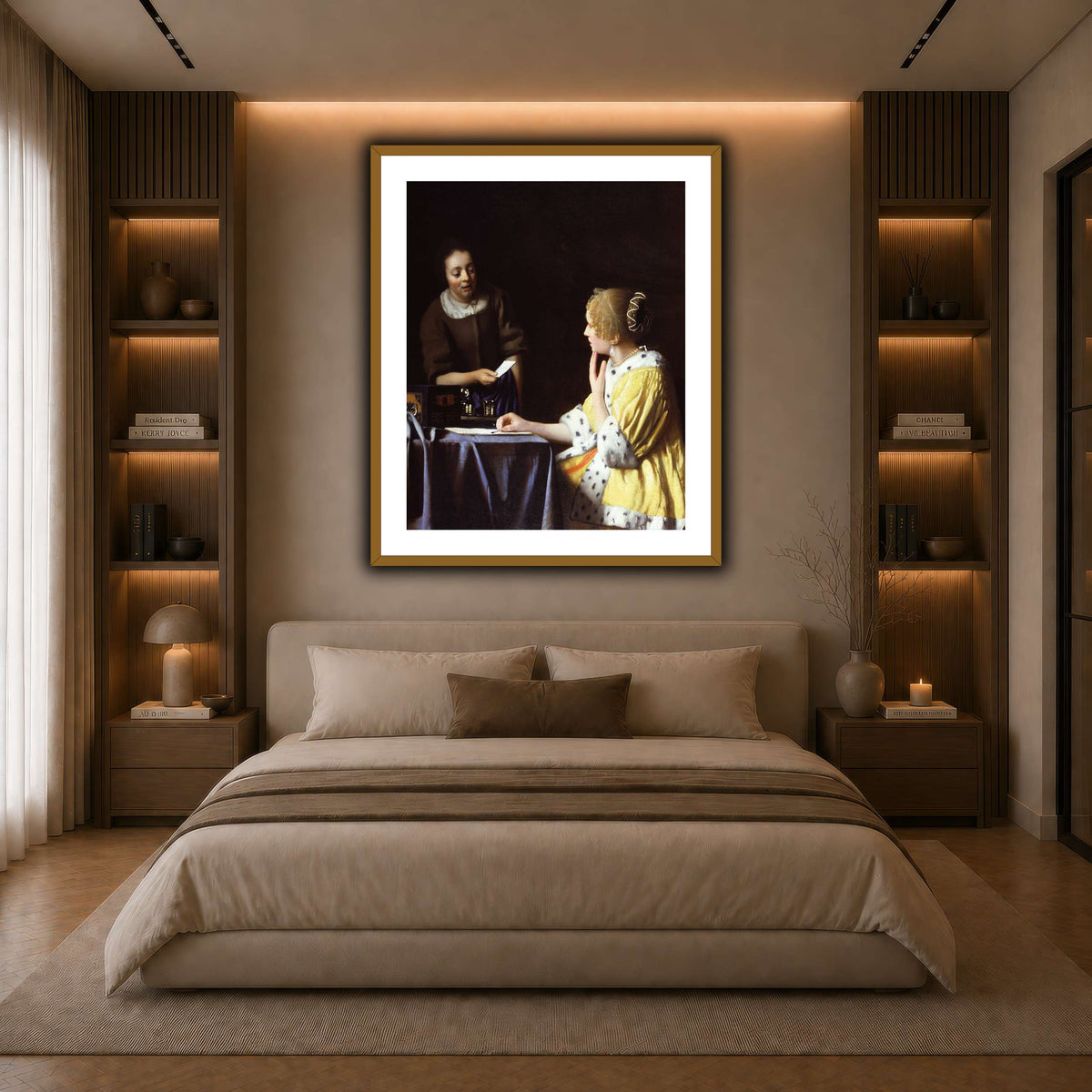 Vermeer_Lady_Maidservant_Holding_Letter dark neutral-bedroom