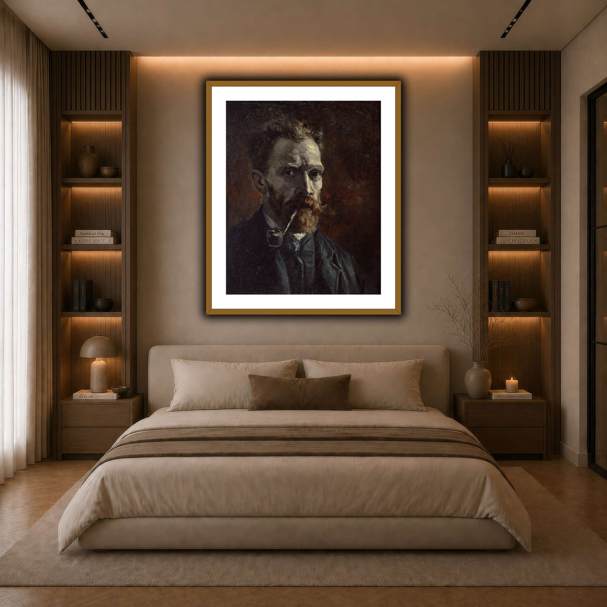 Vincent_van_Gogh_-_Self-portrait_with_pipe dark neutral-bedroom