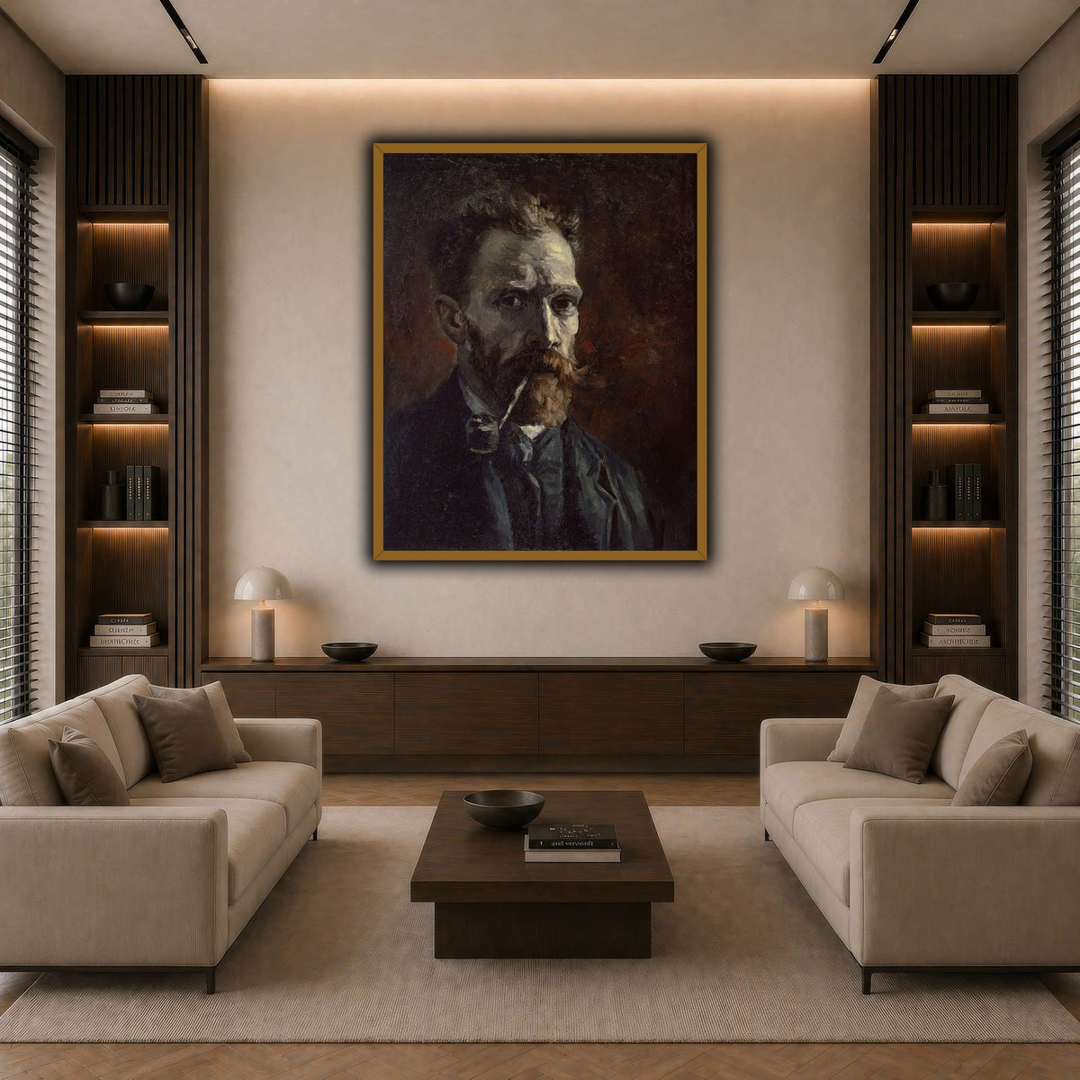 Vincent_van_Gogh_-_Self-portrait_with_pipe dark neutral-living room