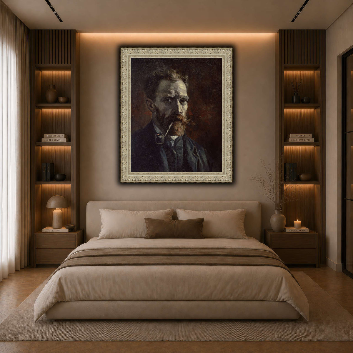 Vincent_van_Gogh_-_Self-portrait_with_pipe dark neutral-bedroom