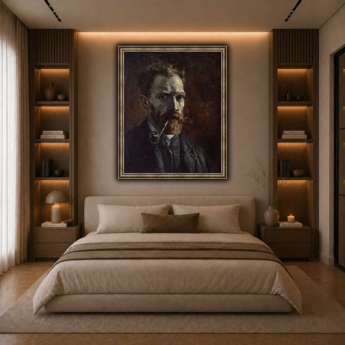 Vincent_van_Gogh_-_Self-portrait_with_pipe dark neutral-bedroom