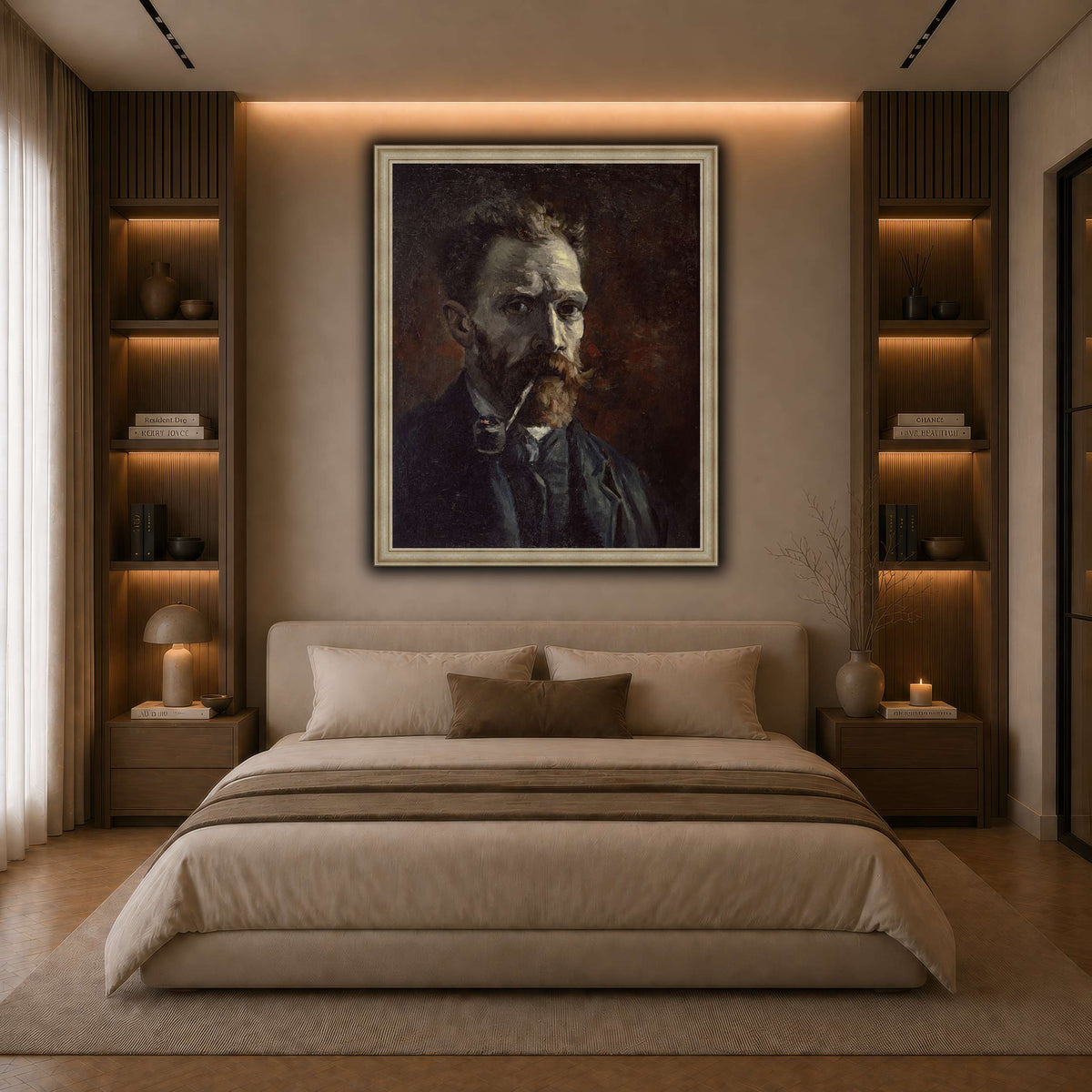 Vincent_van_Gogh_-_Self-portrait_with_pipe dark neutral-bedroom