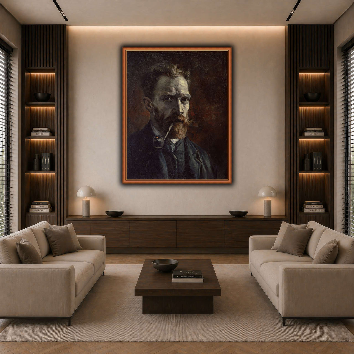 Vincent_van_Gogh_-_Self-portrait_with_pipe dark neutral-living room