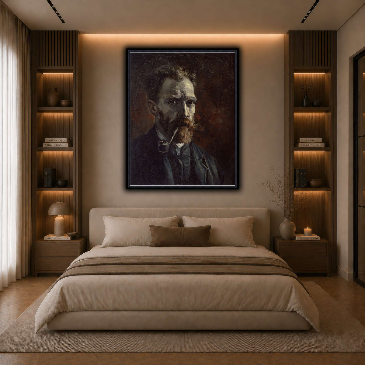 Vincent_van_Gogh_-_Self-portrait_with_pipe dark neutral-bedroom