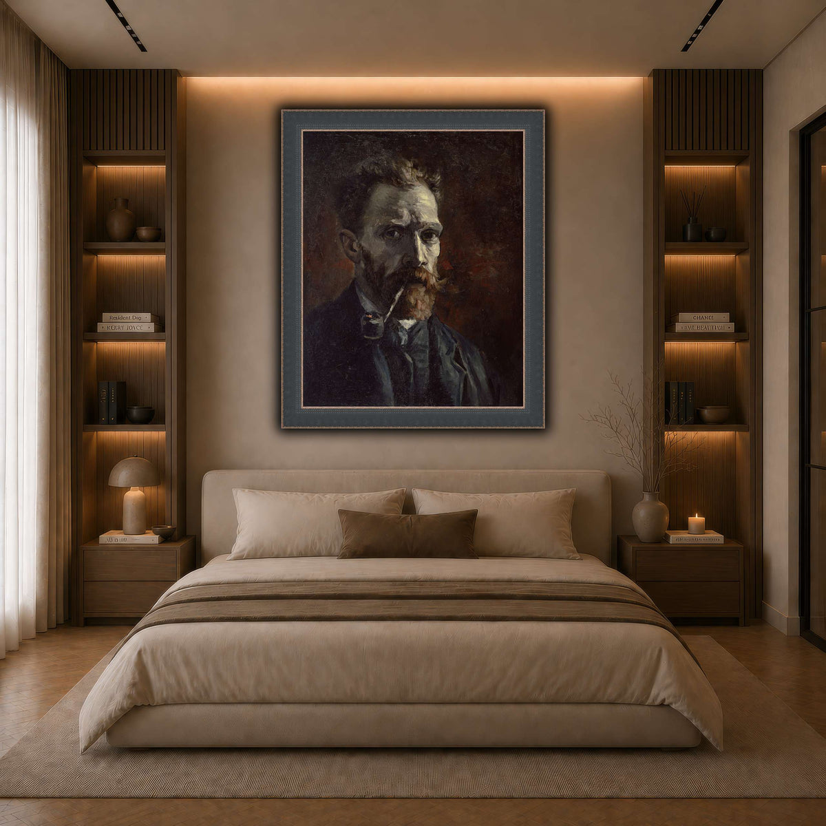 Vincent_van_Gogh_-_Self-portrait_with_pipe dark neutral-bedroom