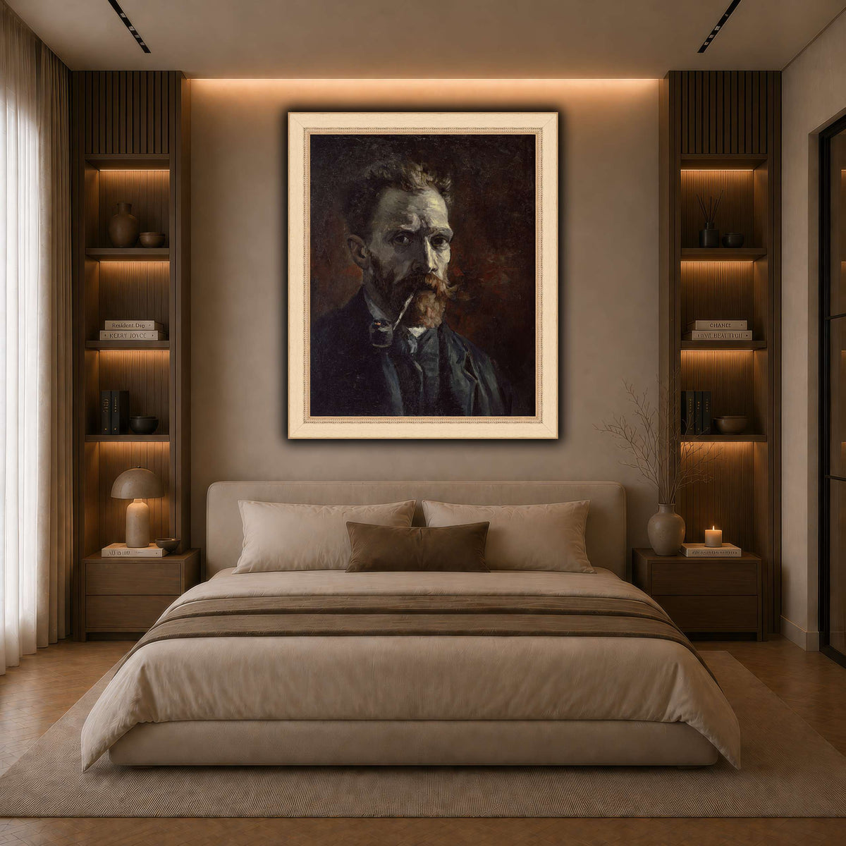 Vincent_van_Gogh_-_Self-portrait_with_pipe dark neutral-bedroom