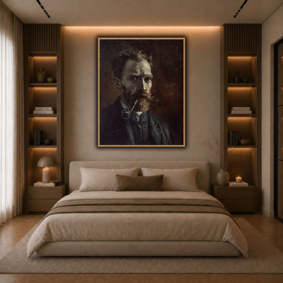 Vincent_van_Gogh_-_Self-portrait_with_pipe dark neutral-bedroom