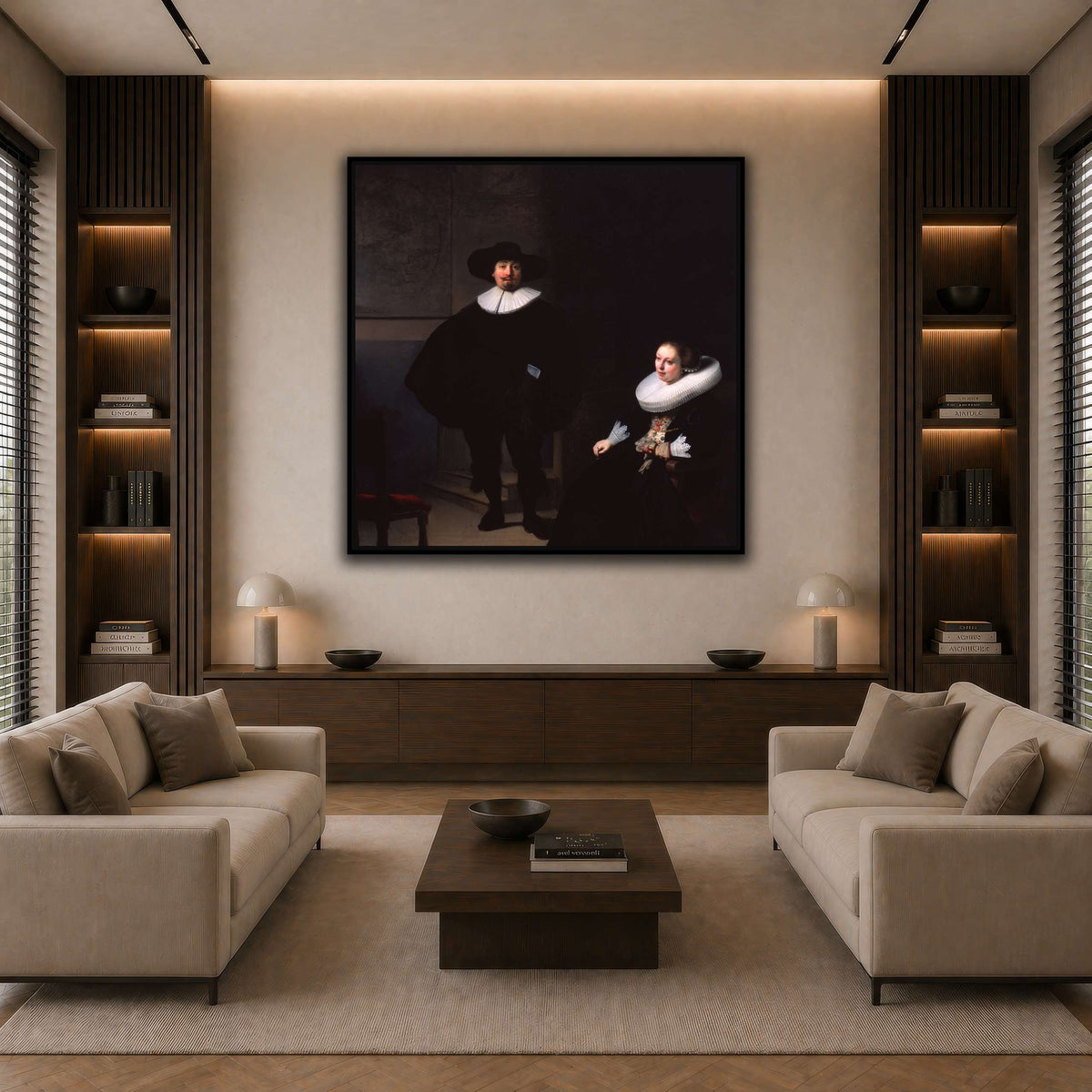A-Lady-and-Gentleman-in-Black_Rembrandt-van-Rijn dark neutral-living room