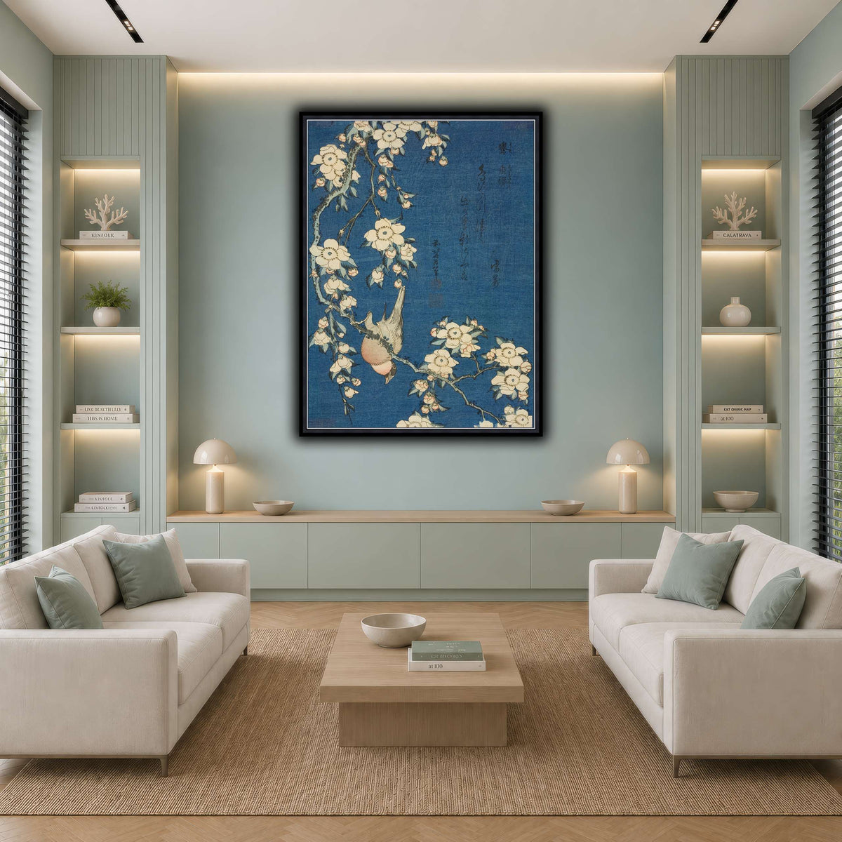 Bullfinch_and_Weeping_Cherry)_Katsushika Hokusai  cool-living room