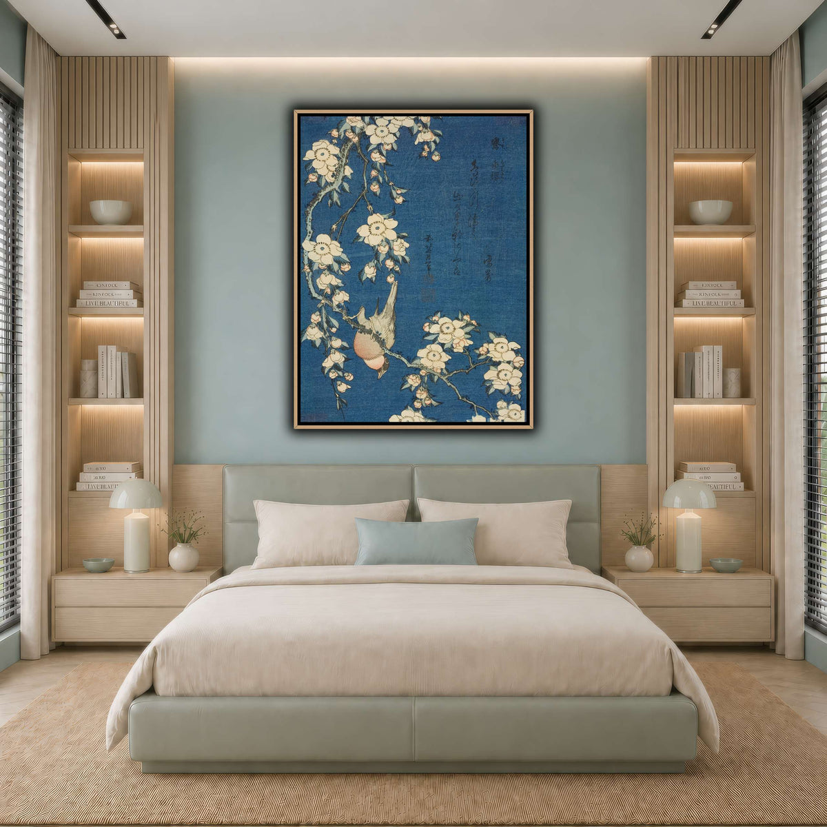 Bullfinch_and_Weeping_Cherry)_Katsushika Hokusai  cool-bedroom