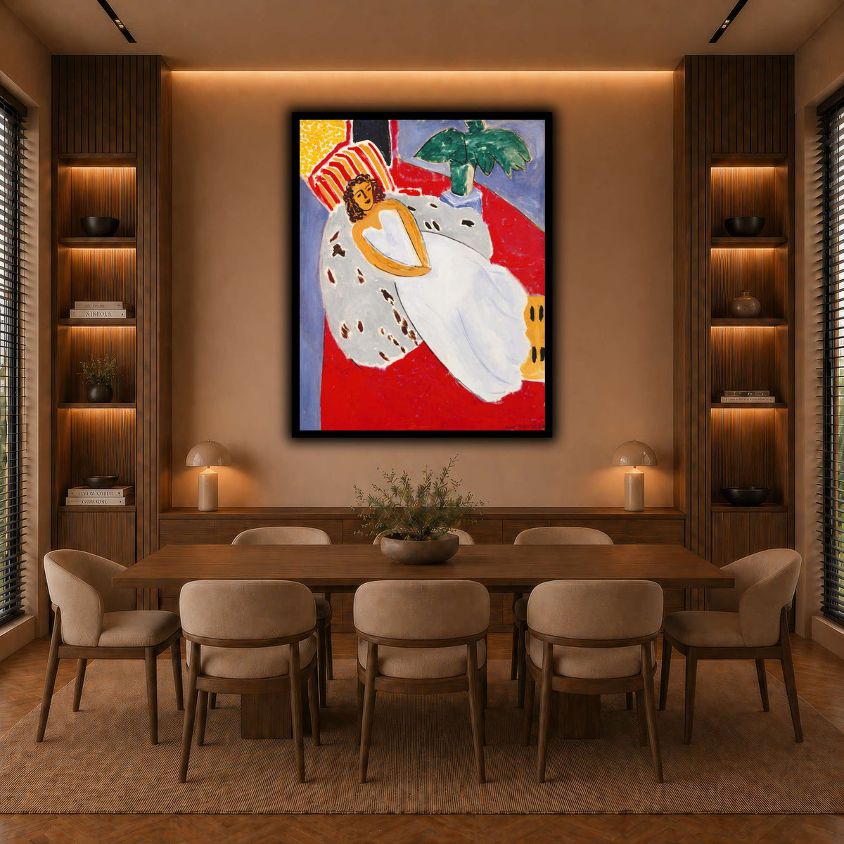 Jeune_Femme_en_blanc,_fond_rouge_Henri_Matisse warm-dining room