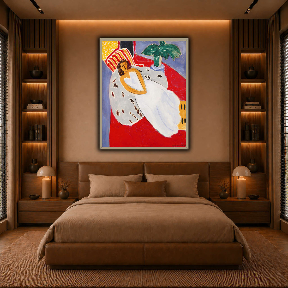 Jeune_Femme_en_blanc,_fond_rouge_Henri_Matisse warm-bedroom