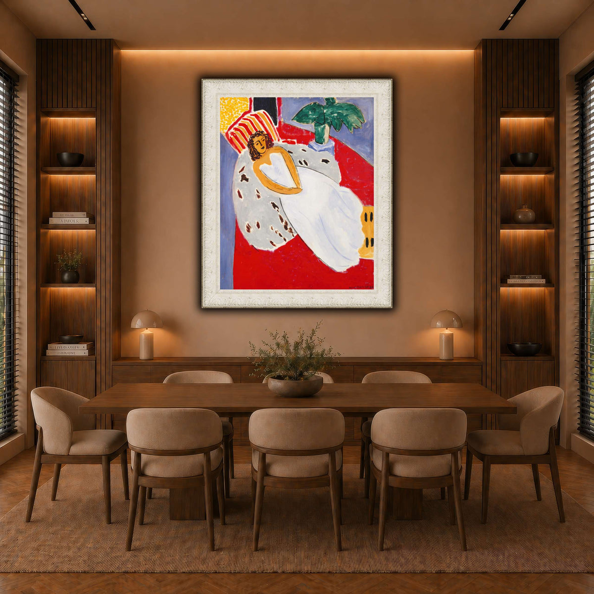 Jeune_Femme_en_blanc,_fond_rouge_Henri_Matisse warm-dining room