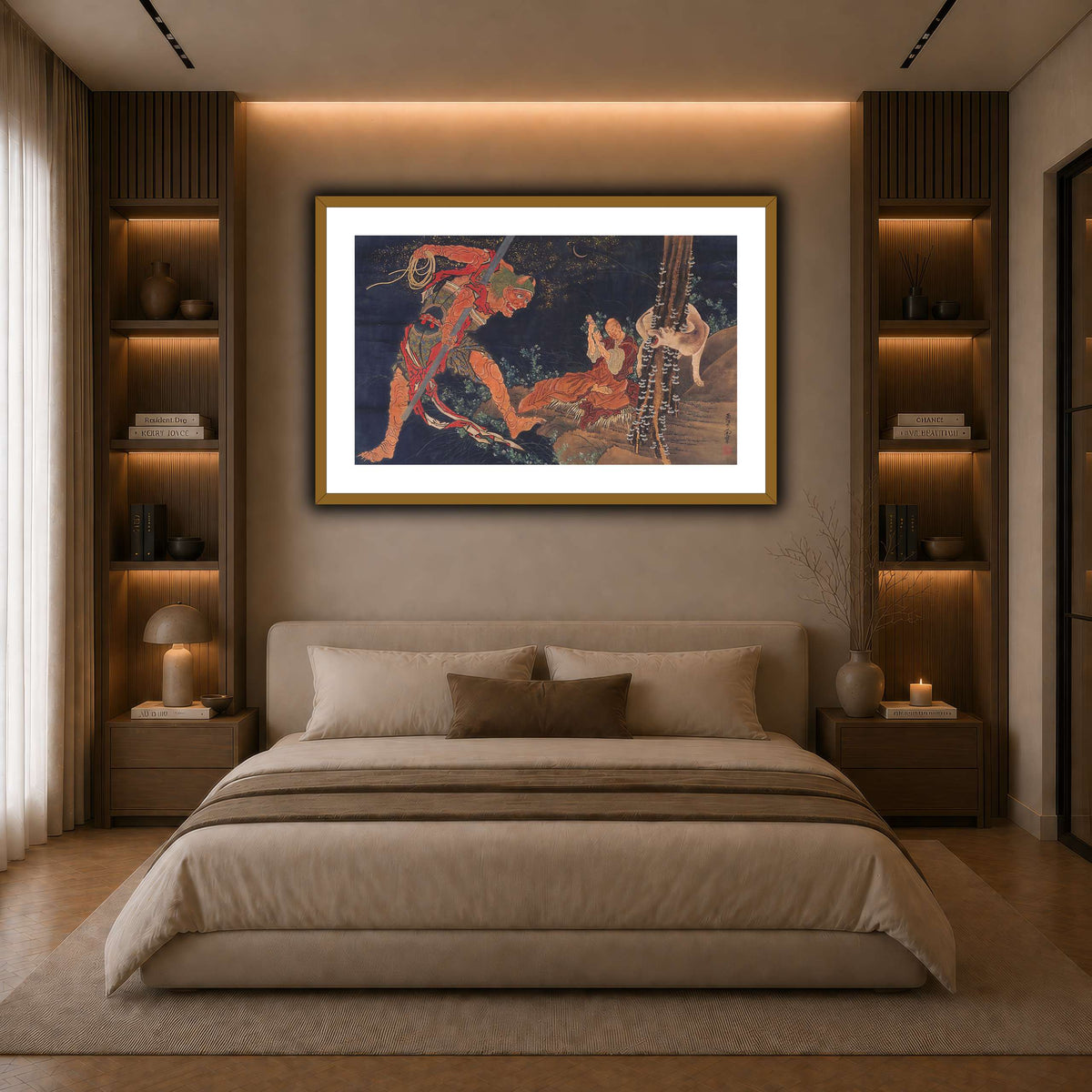 Kobo_Daishi_Practicing_the_Tantra,_with_Demon_and_Wolf_Katsushika Hokusai  dark neutral-bedroom