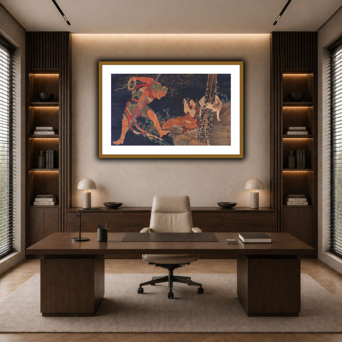 Kobo_Daishi_Practicing_the_Tantra,_with_Demon_and_Wolf_Katsushika Hokusai  dark neutral-office
