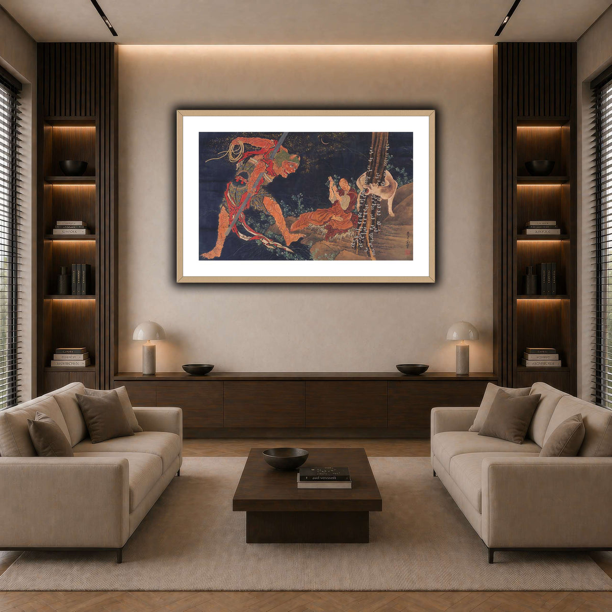 Kobo_Daishi_Practicing_the_Tantra,_with_Demon_and_Wolf_Katsushika Hokusai  dark neutral-living room