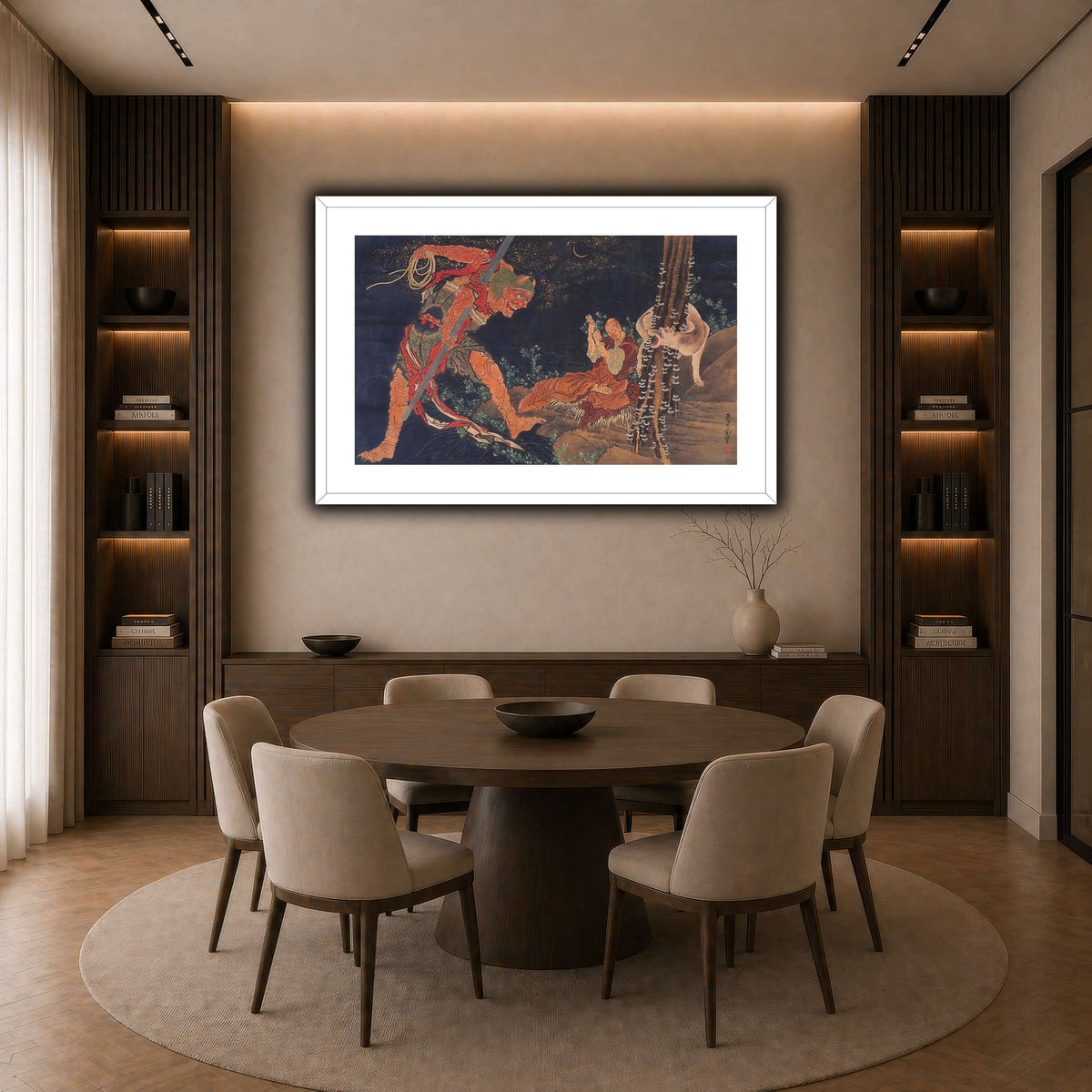 Kobo_Daishi_Practicing_the_Tantra,_with_Demon_and_Wolf_Katsushika Hokusai  dark neutral-dining room