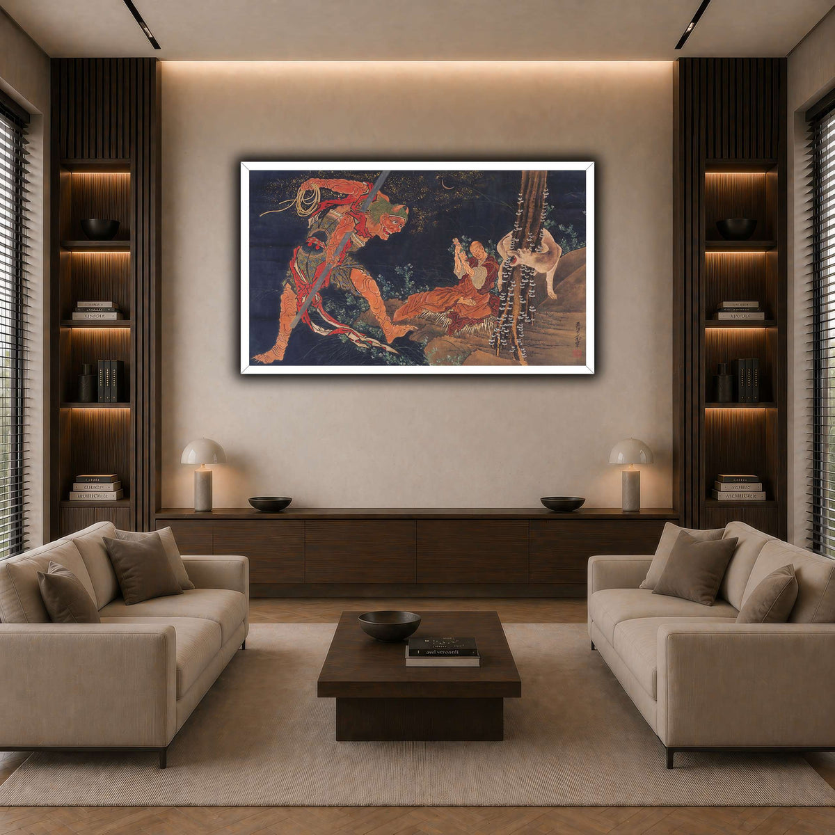 Kobo_Daishi_Practicing_the_Tantra,_with_Demon_and_Wolf_Katsushika Hokusai  dark neutral-living room