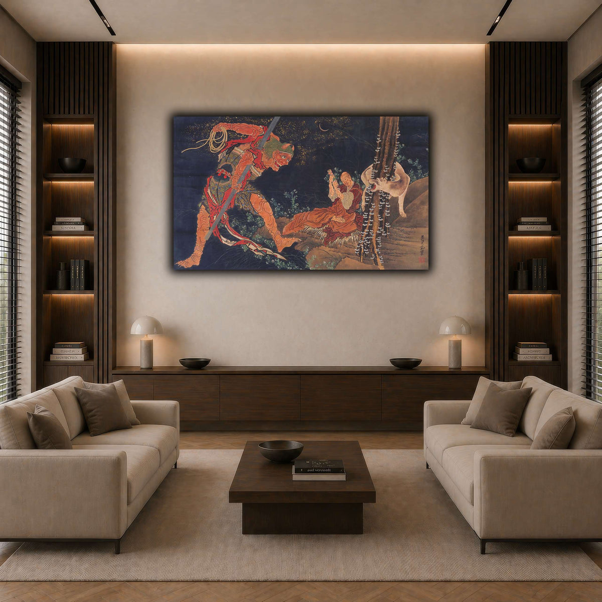 Kobo_Daishi_Practicing_the_Tantra,_with_Demon_and_Wolf_Katsushika Hokusai  dark neutral-living room