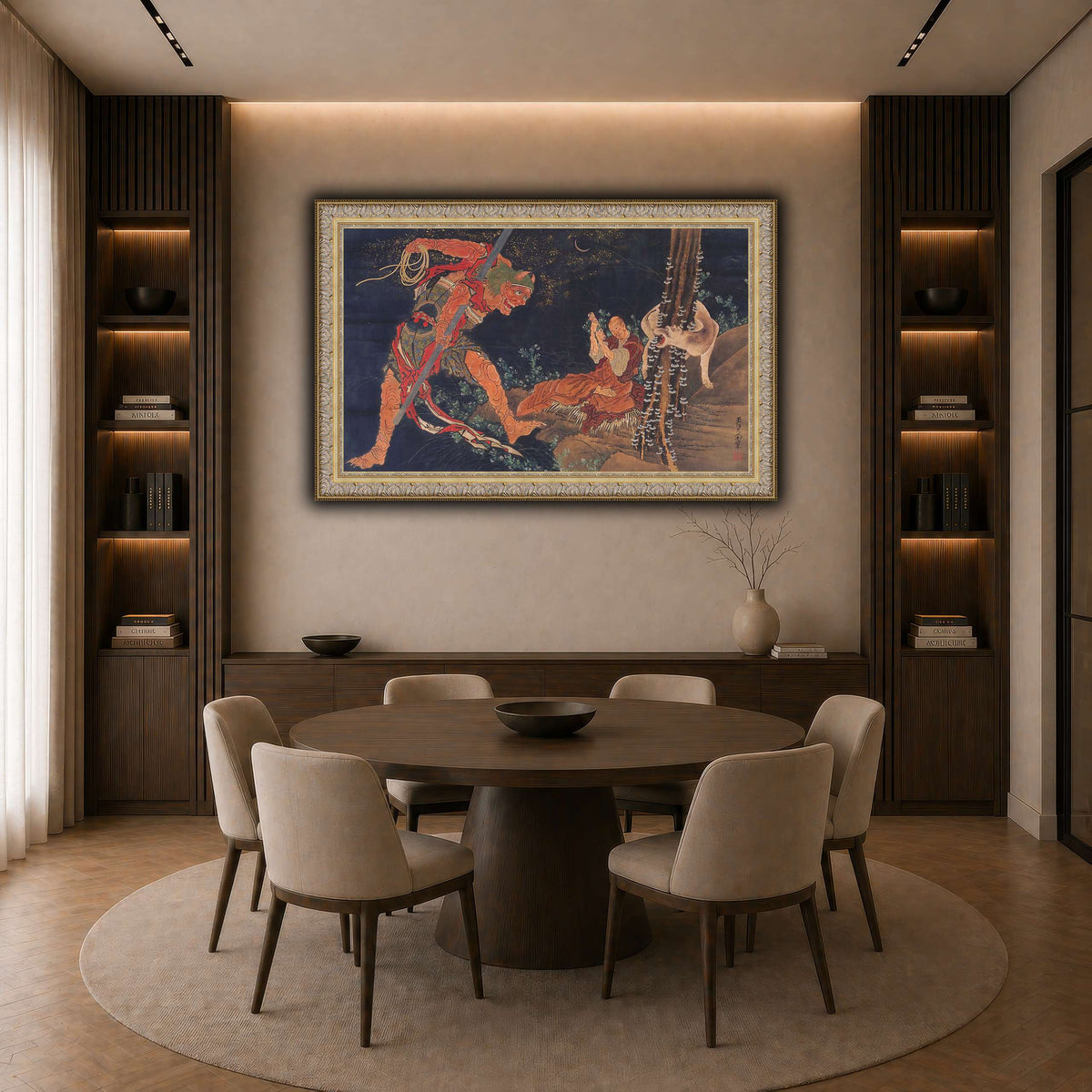 Kobo_Daishi_Practicing_the_Tantra,_with_Demon_and_Wolf_Katsushika Hokusai  dark neutral-dining room