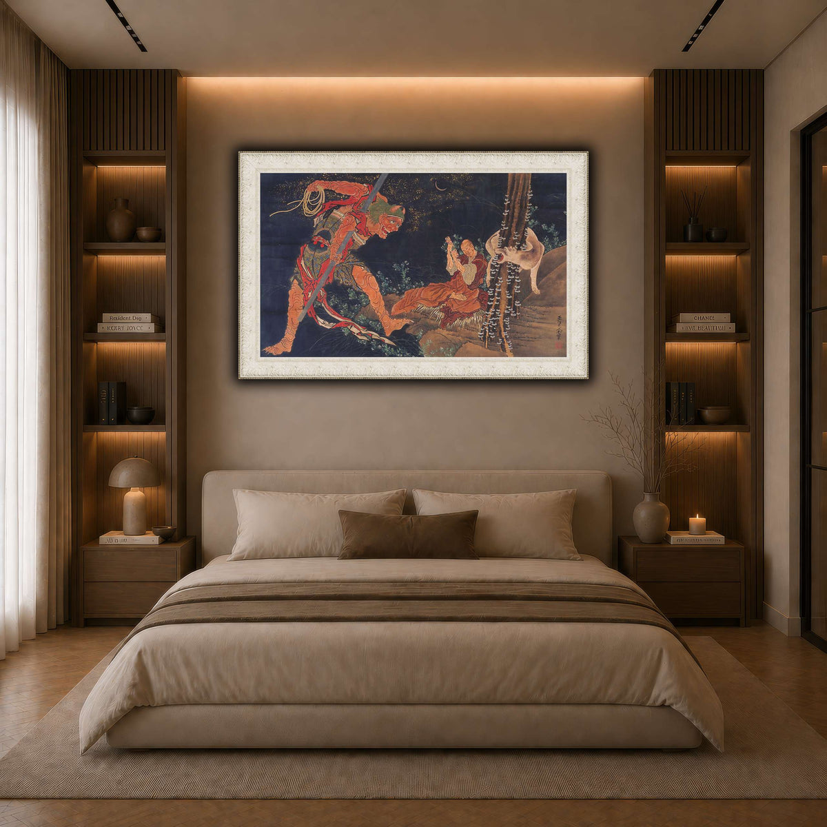 Kobo_Daishi_Practicing_the_Tantra,_with_Demon_and_Wolf_Katsushika Hokusai  dark neutral-bedroom
