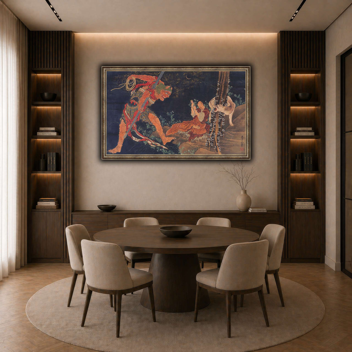 Kobo_Daishi_Practicing_the_Tantra,_with_Demon_and_Wolf_Katsushika Hokusai  dark neutral-dining room