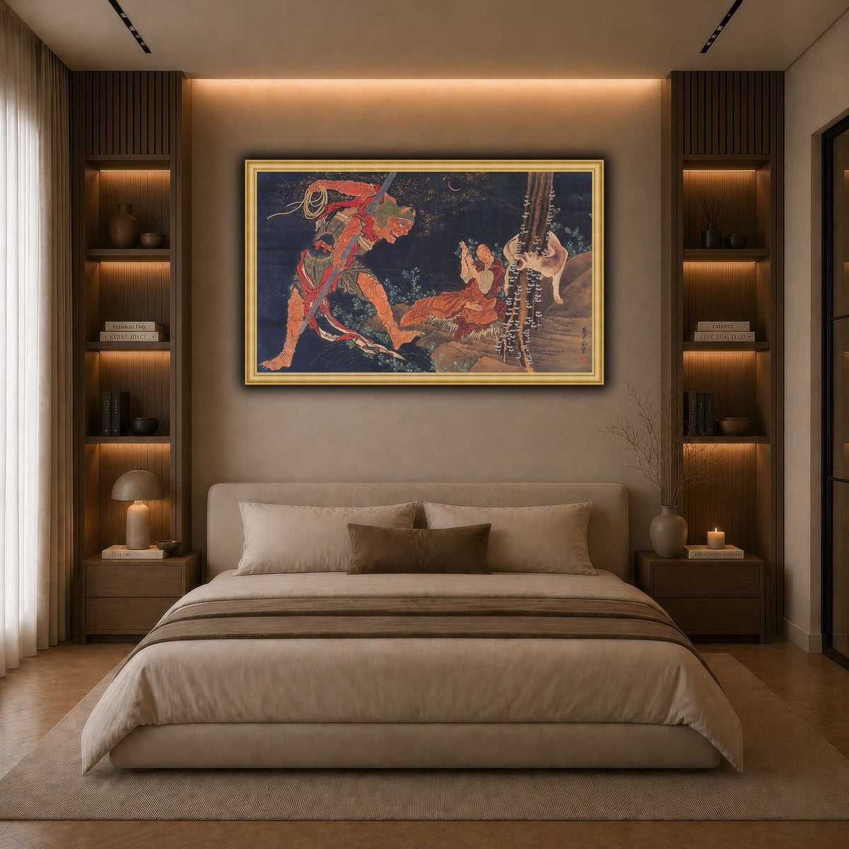 Kobo_Daishi_Practicing_the_Tantra,_with_Demon_and_Wolf_Katsushika Hokusai  dark neutral-bedroom