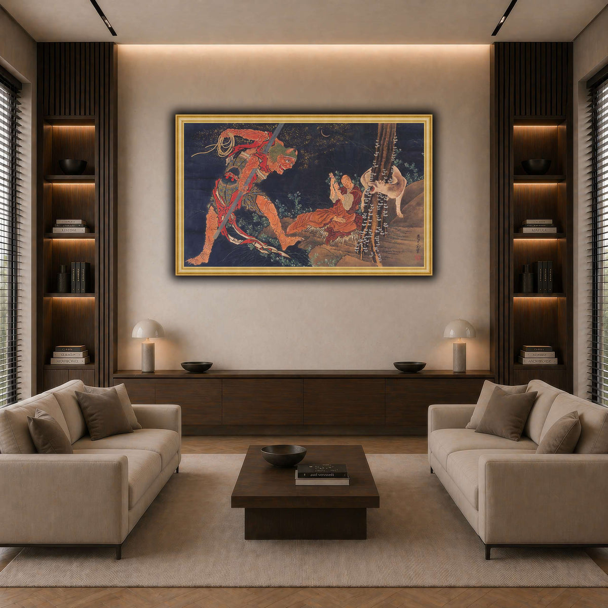 Kobo_Daishi_Practicing_the_Tantra,_with_Demon_and_Wolf_Katsushika Hokusai  dark neutral-living room