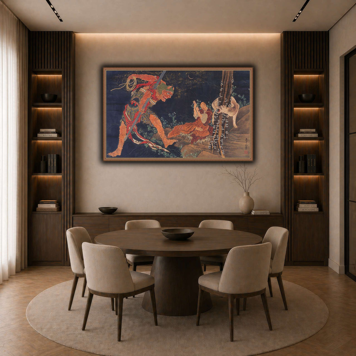 Kobo_Daishi_Practicing_the_Tantra,_with_Demon_and_Wolf_Katsushika Hokusai  dark neutral-dining room