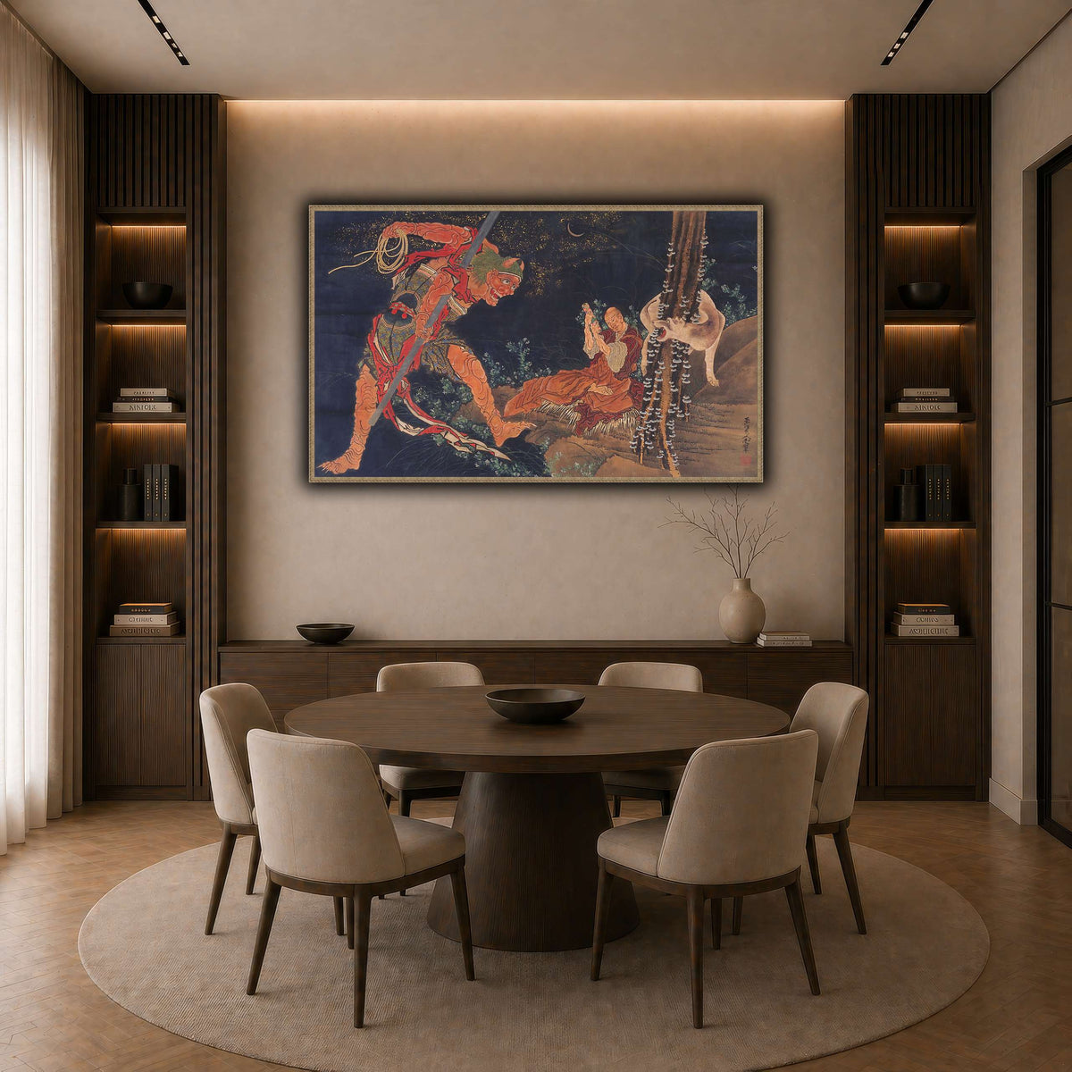 Kobo_Daishi_Practicing_the_Tantra,_with_Demon_and_Wolf_Katsushika Hokusai  dark neutral-dining room