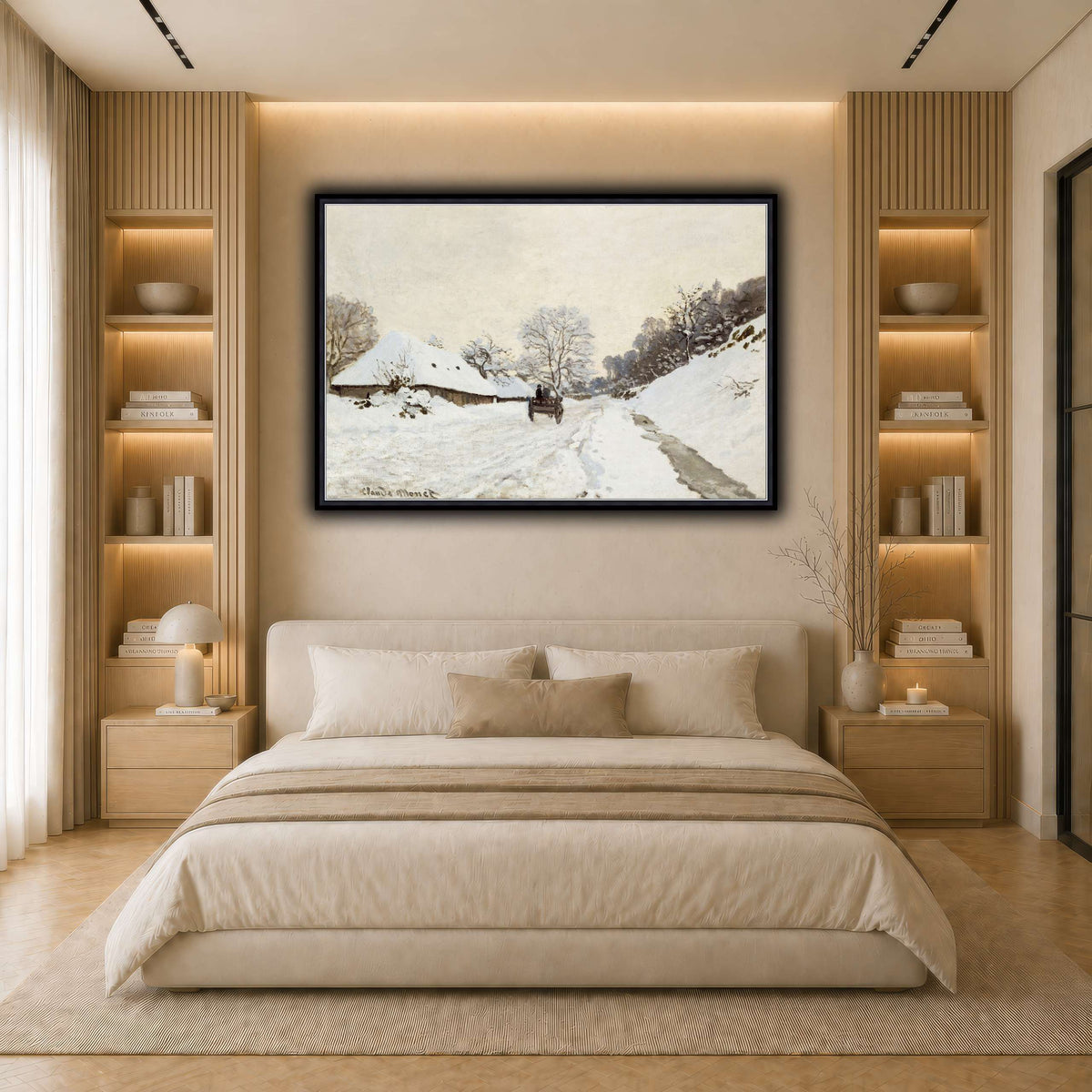 Monet,_A_Cart_on_the_Snowy_Road_at_Honfleur_(1865_or_1867) light neutral- bedroom