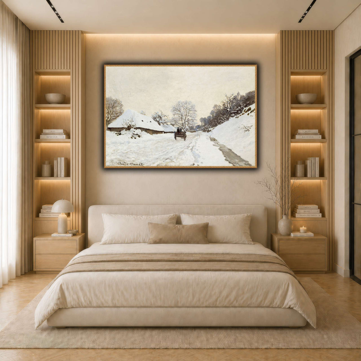 Monet,_A_Cart_on_the_Snowy_Road_at_Honfleur_(1865_or_1867) light neutral- bedroom