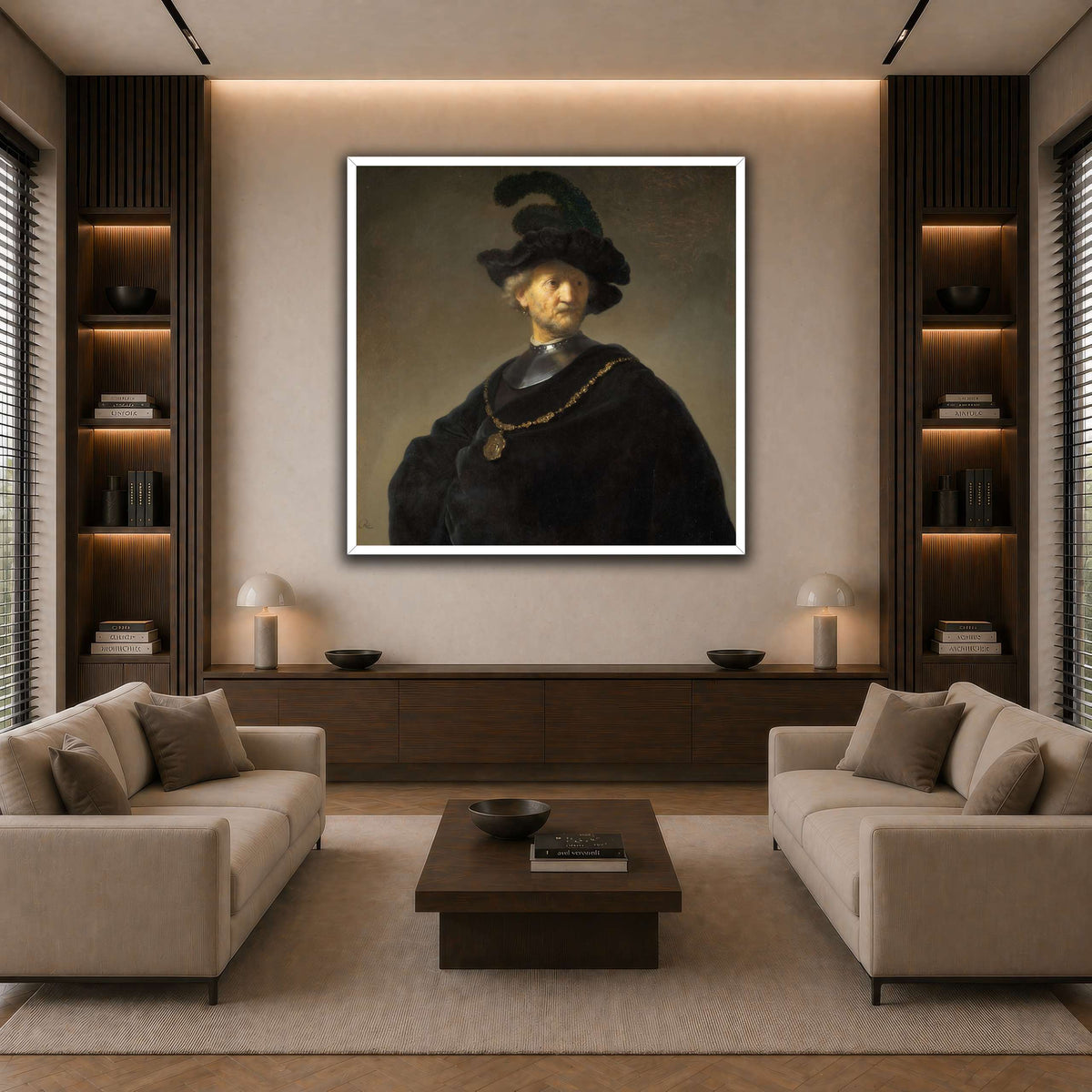 Old-Man-with-a-Gold-Chain_Rembrandt-van-Rijn dark neutral-living room