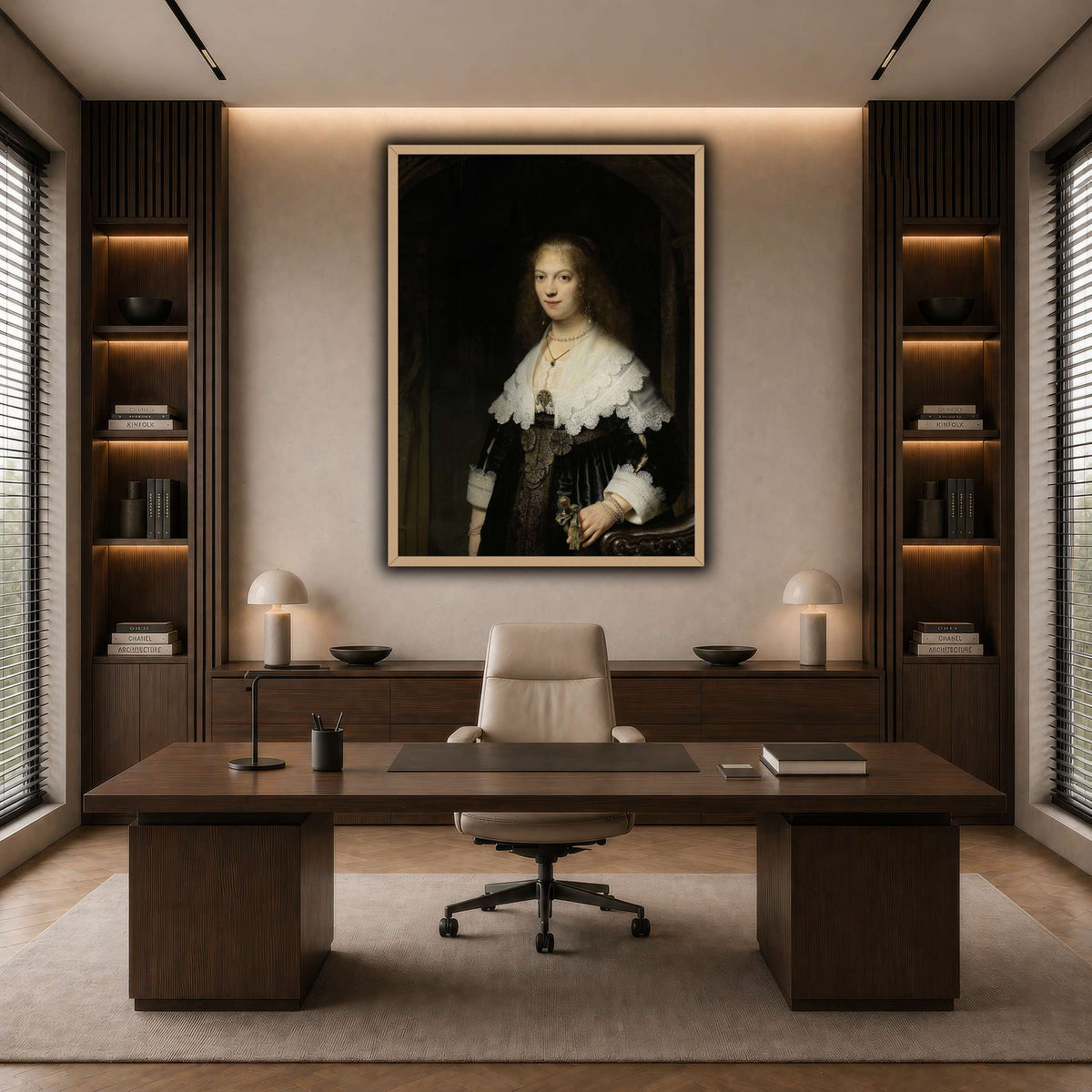 Portrait-of-a-Woman-Possibly-Maria-Trip_Rembrandt-van-Rijn dark neutral-office