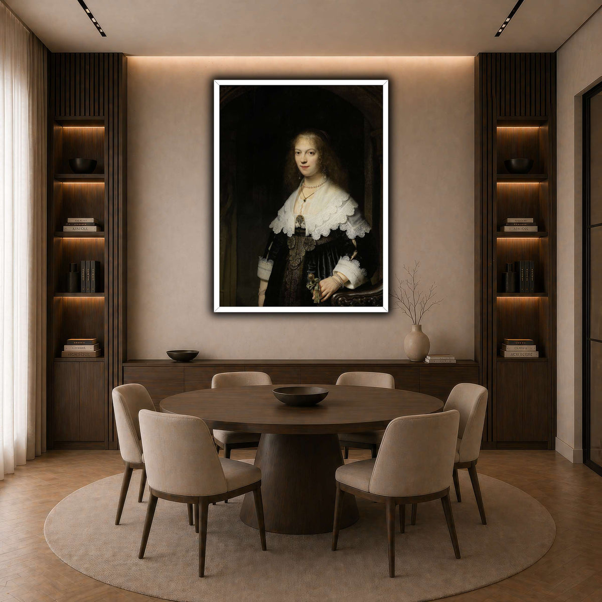 Portrait-of-a-Woman-Possibly-Maria-Trip_Rembrandt-van-Rijn dark neutral-dining room