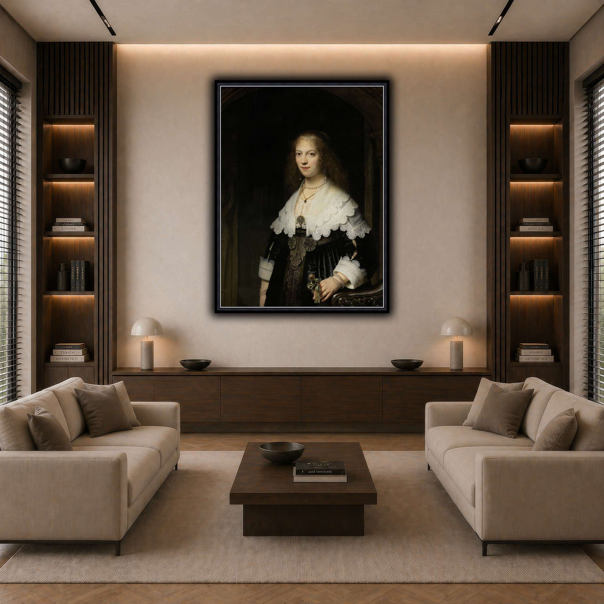 Portrait-of-a-Woman-Possibly-Maria-Trip_Rembrandt-van-Rijn dark neutral-living room