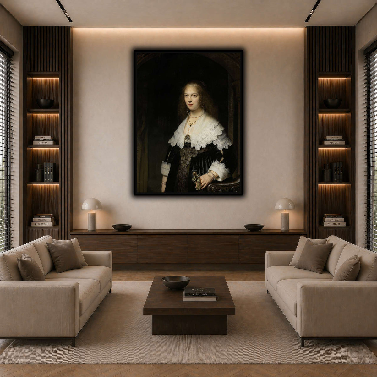Portrait-of-a-Woman-Possibly-Maria-Trip_Rembrandt-van-Rijn dark neutral-living room