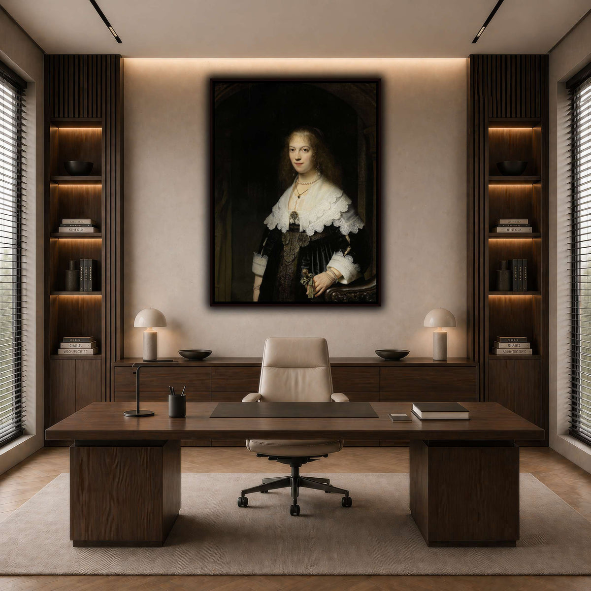 Portrait-of-a-Woman-Possibly-Maria-Trip_Rembrandt-van-Rijn dark neutral-office
