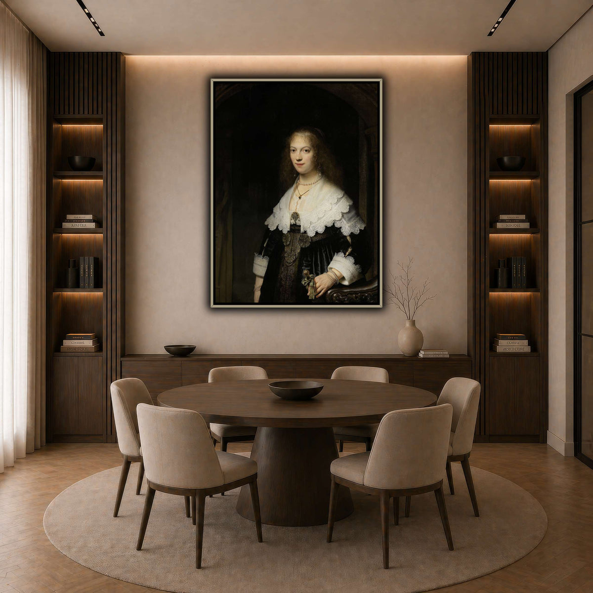 Portrait-of-a-Woman-Possibly-Maria-Trip_Rembrandt-van-Rijn dark neutral-dining room