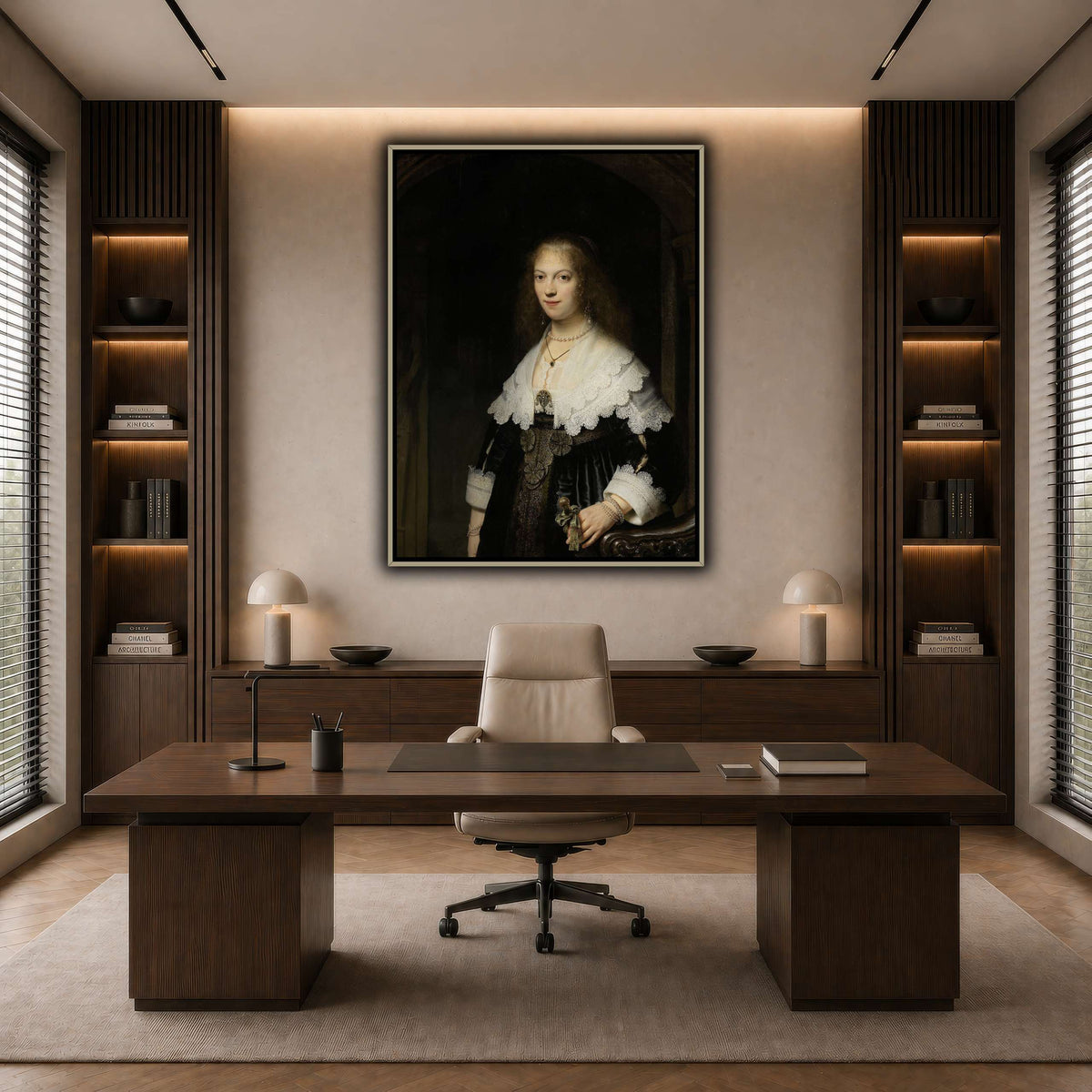 Portrait-of-a-Woman-Possibly-Maria-Trip_Rembrandt-van-Rijn dark neutral-office