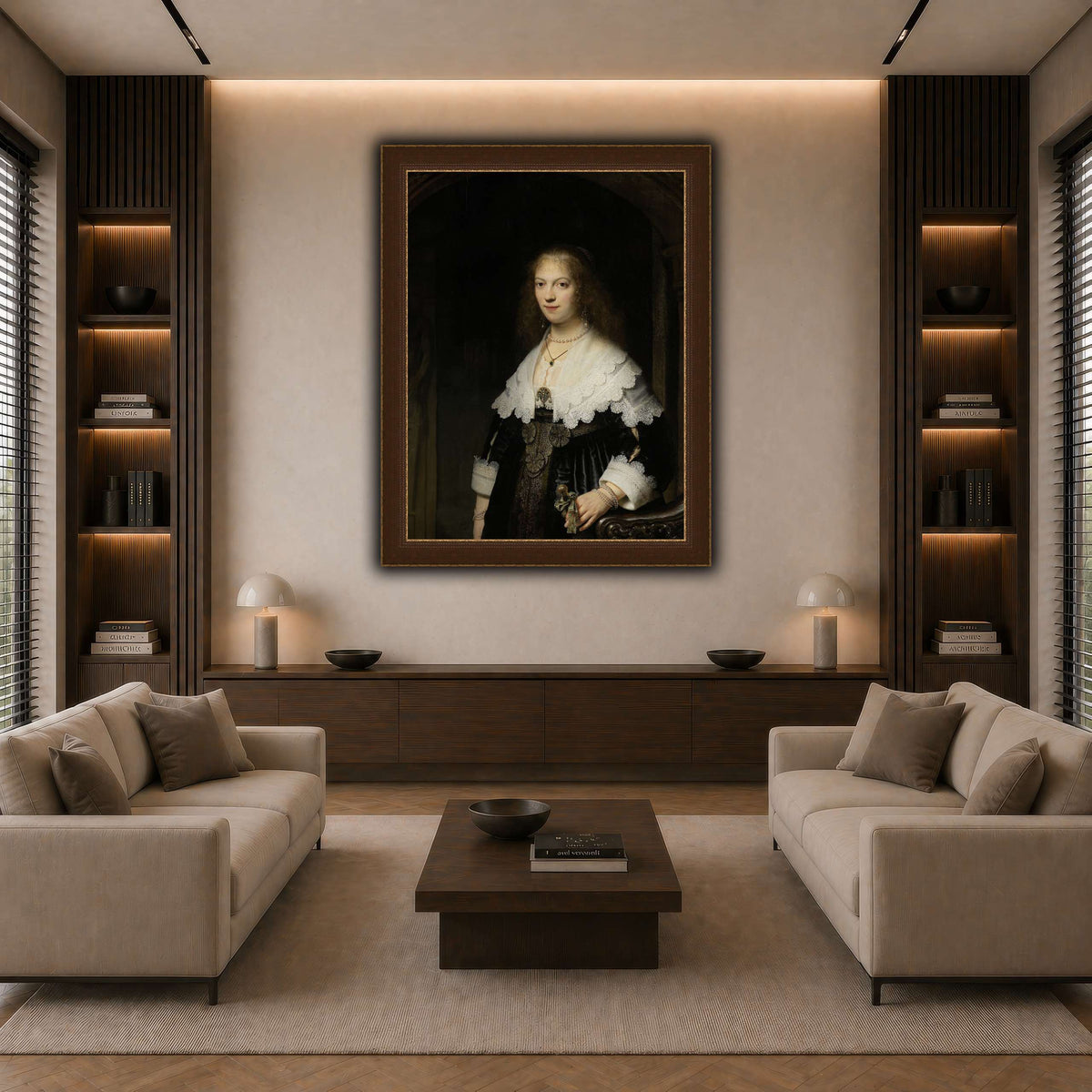 Portrait-of-a-Woman-Possibly-Maria-Trip_Rembrandt-van-Rijn dark neutral-living room
