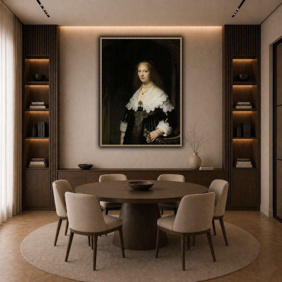 Portrait-of-a-Woman-Possibly-Maria-Trip_Rembrandt-van-Rijn dark neutral-dining room